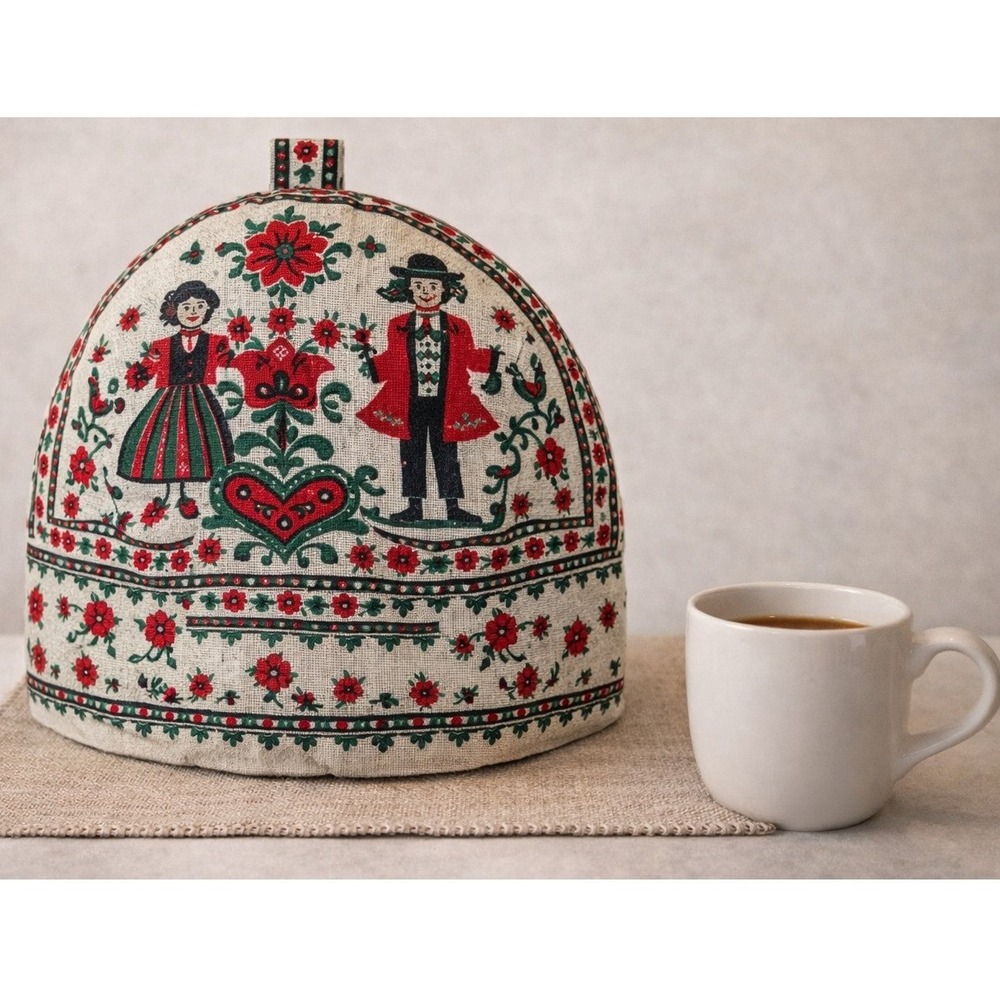 Tyrolean Folk Art Tea Cozy Quilted Burlap‎ Scandinavian Christmas Teapot Cover